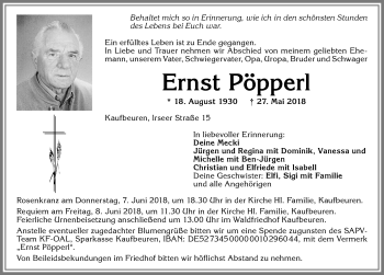 Traueranzeige von Ernst Pöpperl von Allgäuer Zeitung, Kaufbeuren/Buchloe