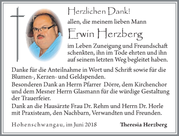 Traueranzeige von Erwin Herzberg von Allgäuer Zeitung, Füssen