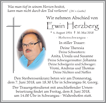 Traueranzeige von Erwin Herzberg von Allgäuer Zeitung, Füssen