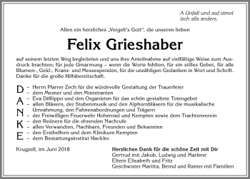 Traueranzeige von Felix Grieshaber von Allgäuer Zeitung,Kempten