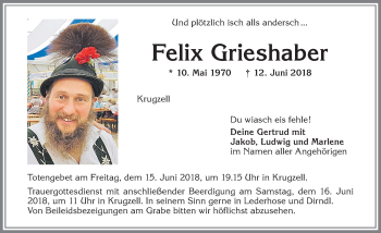 Traueranzeige von Felix Grieshaber von Allgäuer Zeitung,Kempten