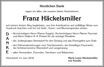 Traueranzeige von Franz Häckelsmiller von Allgäuer Anzeigeblatt
