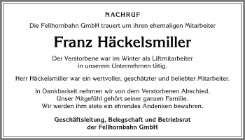 Traueranzeige von Franz Häckelsmiller von Allgäuer Anzeigeblatt