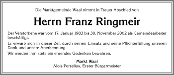Traueranzeige von Franz Ringmeir von Allgäuer Zeitung, Kaufbeuren/Buchloe