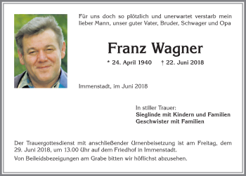 Traueranzeige von Franz Wagner von Allgäuer Anzeigeblatt