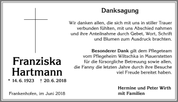 Traueranzeige von Franziska Hartmann von Allgäuer Zeitung, Kaufbeuren/Buchloe