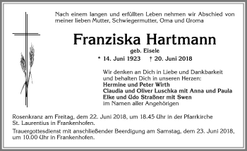 Traueranzeige von Franziska Hartmann von Allgäuer Zeitung, Kaufbeuren/Buchloe