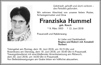 Traueranzeige von Franziska Hummel von Der Westallgäuer