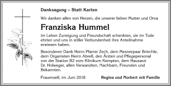 Traueranzeige von Franziska Hummel von Allgäuer Zeitung