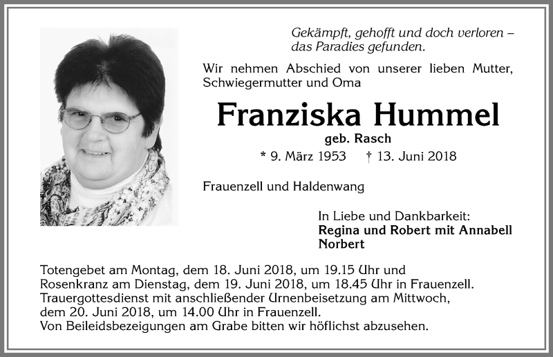  Traueranzeige für Franziska Hummel vom 16.06.2018 aus Der Westallgäuer