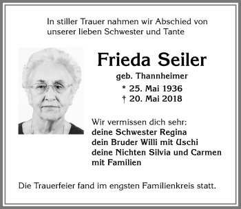 Traueranzeige von Frieda Seiler von Allgäuer Zeitung,Kempten