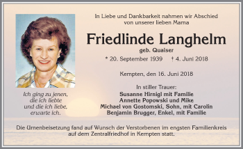 Traueranzeige von Friedlinde Langhelm von Allgäuer Zeitung,Kempten