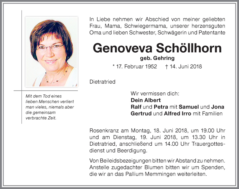 Traueranzeige für Genoveva Schöllhorn vom 16.06.2018 aus Memminger Zeitung