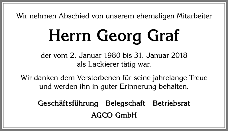  Traueranzeige für Georg Graf vom 29.06.2018 aus Allgäuer Zeitung, Marktoberdorf