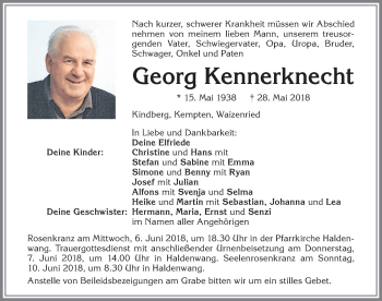 Traueranzeige von Georg Kennerknecht von Allgäuer Zeitung,Kempten