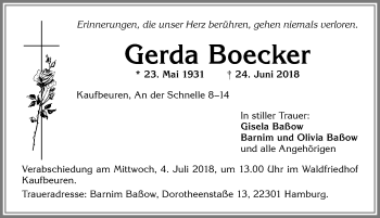 Traueranzeige von Gerda Boecker von Allgäuer Zeitung, Kaufbeuren/Buchloe