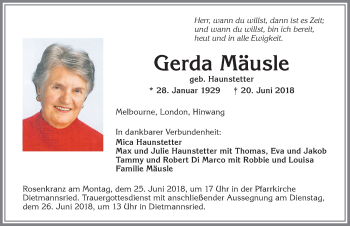 Traueranzeige von Gerda Mäusle von Allgäuer Zeitung,Kempten