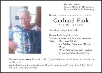 Traueranzeige von Gerhard Fink von Der Westallgäuer