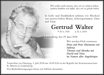 Traueranzeige von Gertrud Walter von Der Westallgäuer