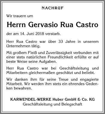 Traueranzeige von Gervasio Rua Castro von Allgäuer Zeitung, Kaufbeuren/Buchloe