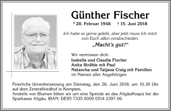 Traueranzeige von Günther Fischer von Allgäuer Zeitung,Kempten