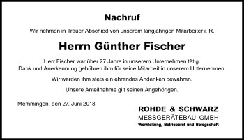Traueranzeige von Günther Fischer von Allgäuer Zeitung,Kempten