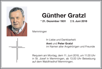 Traueranzeige von Günther Gratzl von Memminger Zeitung