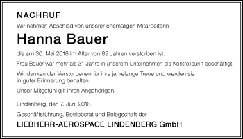 Traueranzeige von Hanna Bauer von Der Westallgäuer