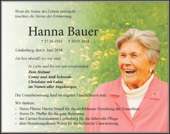 Traueranzeige von Hanna Bauer von Der Westallgäuer