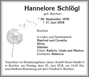 Traueranzeige von Hannelore Schlögl von Allgäuer Zeitung, Kaufbeuren/Buchloe