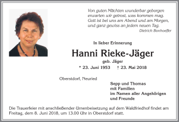 Traueranzeige von Hanni Rieke-Jäger von Allgäuer Anzeigeblatt