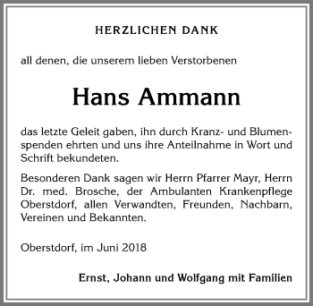 Traueranzeige von Hans Ammann von Allgäuer Anzeigeblatt