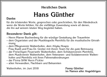 Traueranzeige von Hans Günther von Allgäuer Zeitung,Kempten