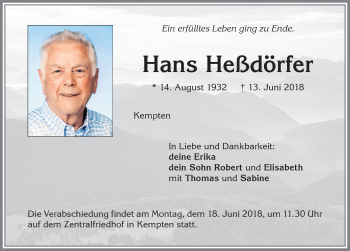 Traueranzeige von Hans Heßdörfer von Allgäuer Zeitung,Kempten