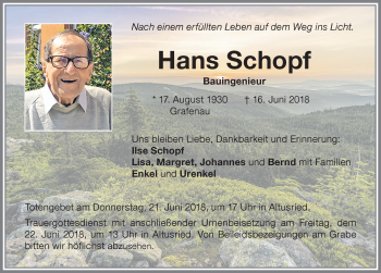 Traueranzeige von Hans Schopf von Allgäuer Zeitung,Kempten