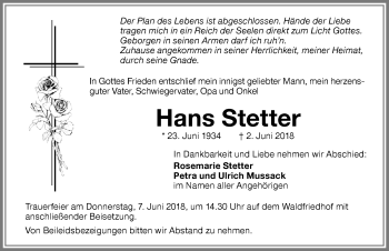 Traueranzeige von Hans Stetter von Memminger Zeitung