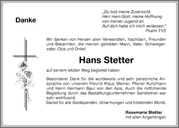 Traueranzeige von Hans Stetter von Memminger Zeitung