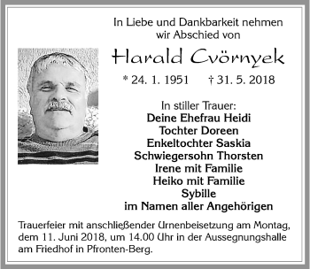 Traueranzeige von Harald Cvörnyek von Allgäuer Zeitung, Füssen