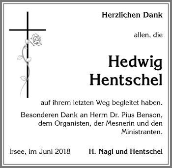 Traueranzeige von Hedwig Hentschel von Allgäuer Zeitung, Kaufbeuren/Buchloe