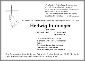 Traueranzeige von Hedwig Imminger von Allgäuer Zeitung