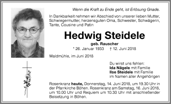 Traueranzeige von Hedwig Steidele von Memminger Zeitung
