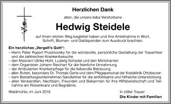 Traueranzeige von Hedwig Steidele von Memminger Zeitung