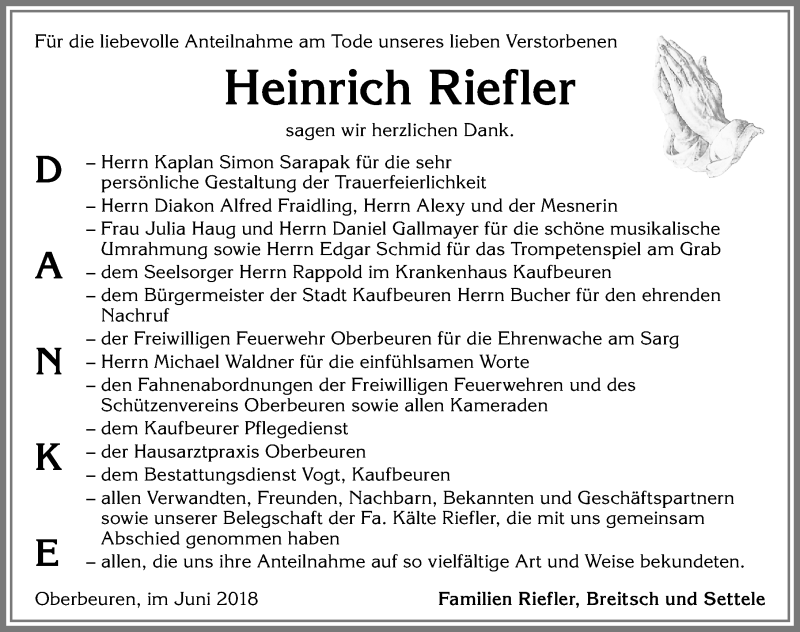  Traueranzeige für Heinrich Riefler vom 09.06.2018 aus Allgäuer Zeitung, Kaufbeuren/Buchloe