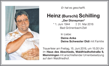 Traueranzeige von Heinz Schilling von Memminger Zeitung