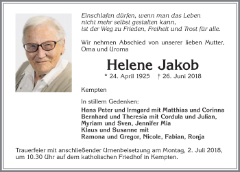Traueranzeige von Helene Jakob von Allgäuer Zeitung,Kempten