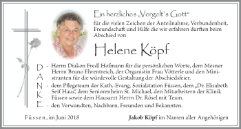 Traueranzeige von Helene Köpf von Allgäuer Zeitung, Füssen