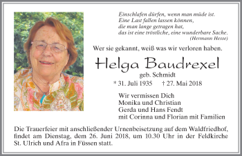 Traueranzeige von Helga Baudrexel von Allgäuer Zeitung, Füssen