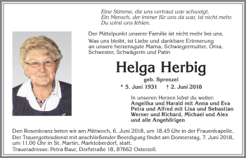 Traueranzeige von Helga Herbig von Allgäuer Zeitung, Marktoberdorf