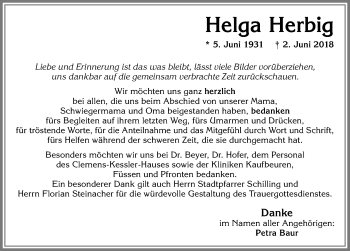Traueranzeige von Helga Herbig von Allgäuer Zeitung, Marktoberdorf