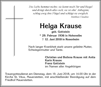Traueranzeige von Helga Krause von Allgäuer Zeitung